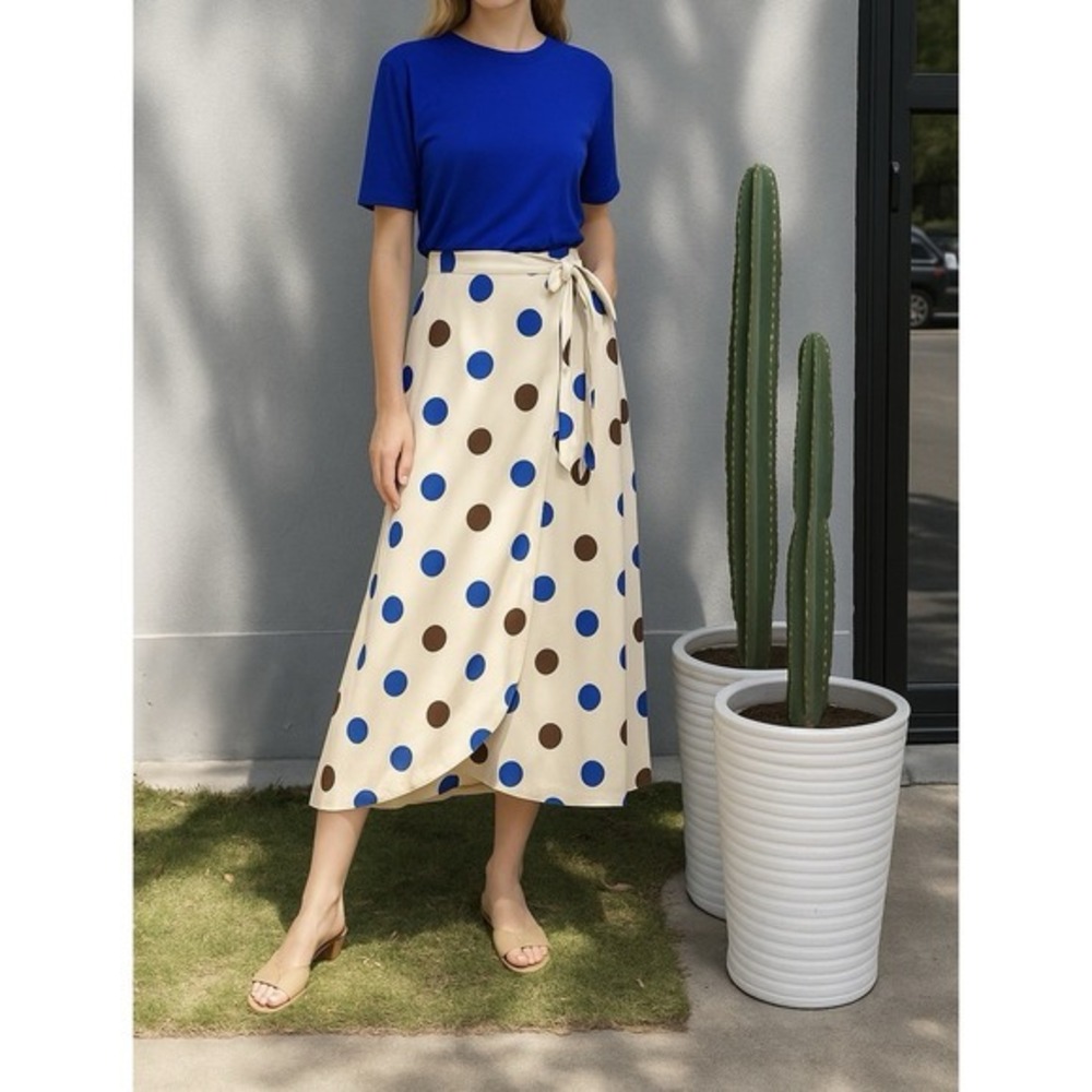 Chic Blue Tee and Polka‎ Dot Wrap Skirt Set Vintage Style Adjustable Waist S new